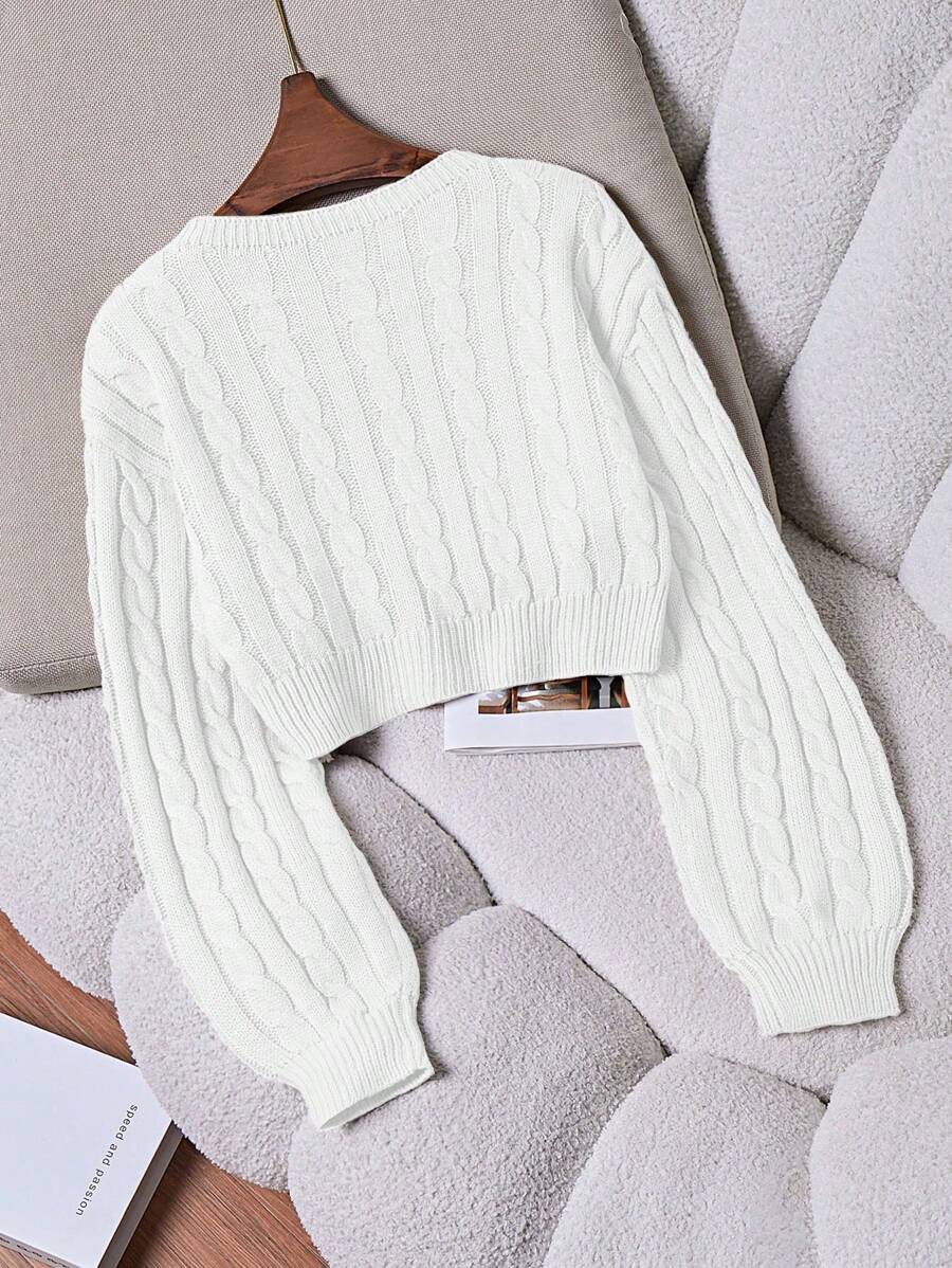 Oriana Cropped Cable Knit Sweater with Crew Neck - White