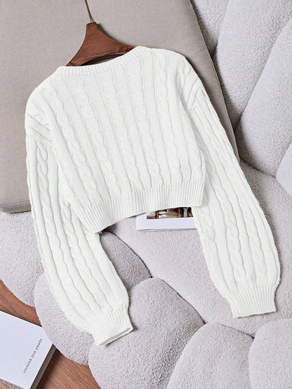 Oriana Cropped Cable Knit Sweater with Crew Neck - White