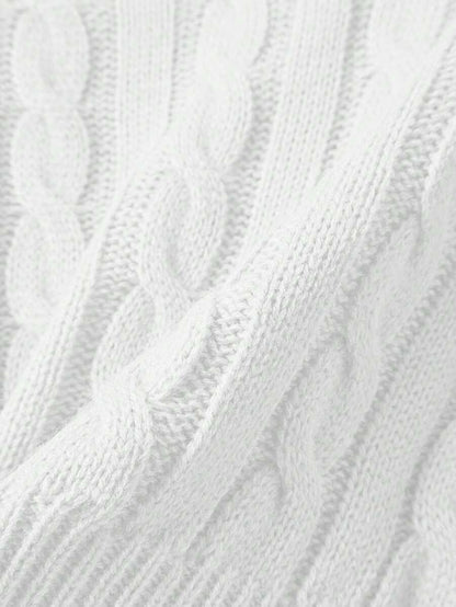 Oriana Cropped Cable Knit Sweater with Crew Neck - White
