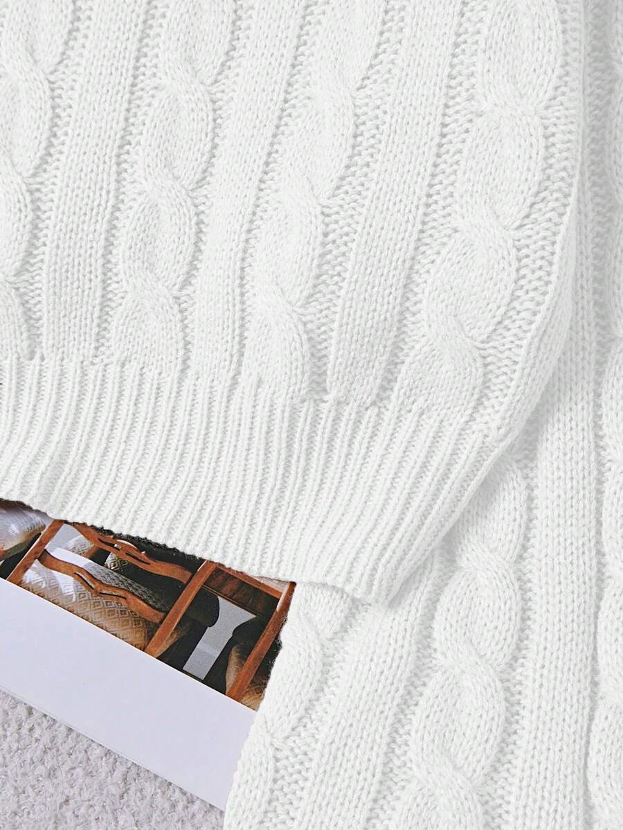 Oriana Cropped Cable Knit Sweater with Crew Neck - White