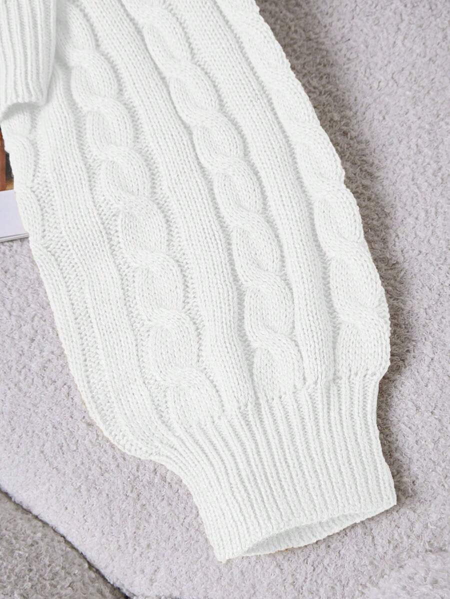 Oriana Cropped Cable Knit Sweater with Crew Neck - White