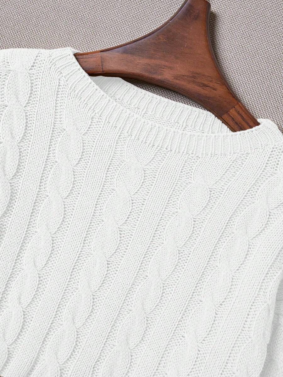 Oriana Cropped Cable Knit Sweater with Crew Neck - White