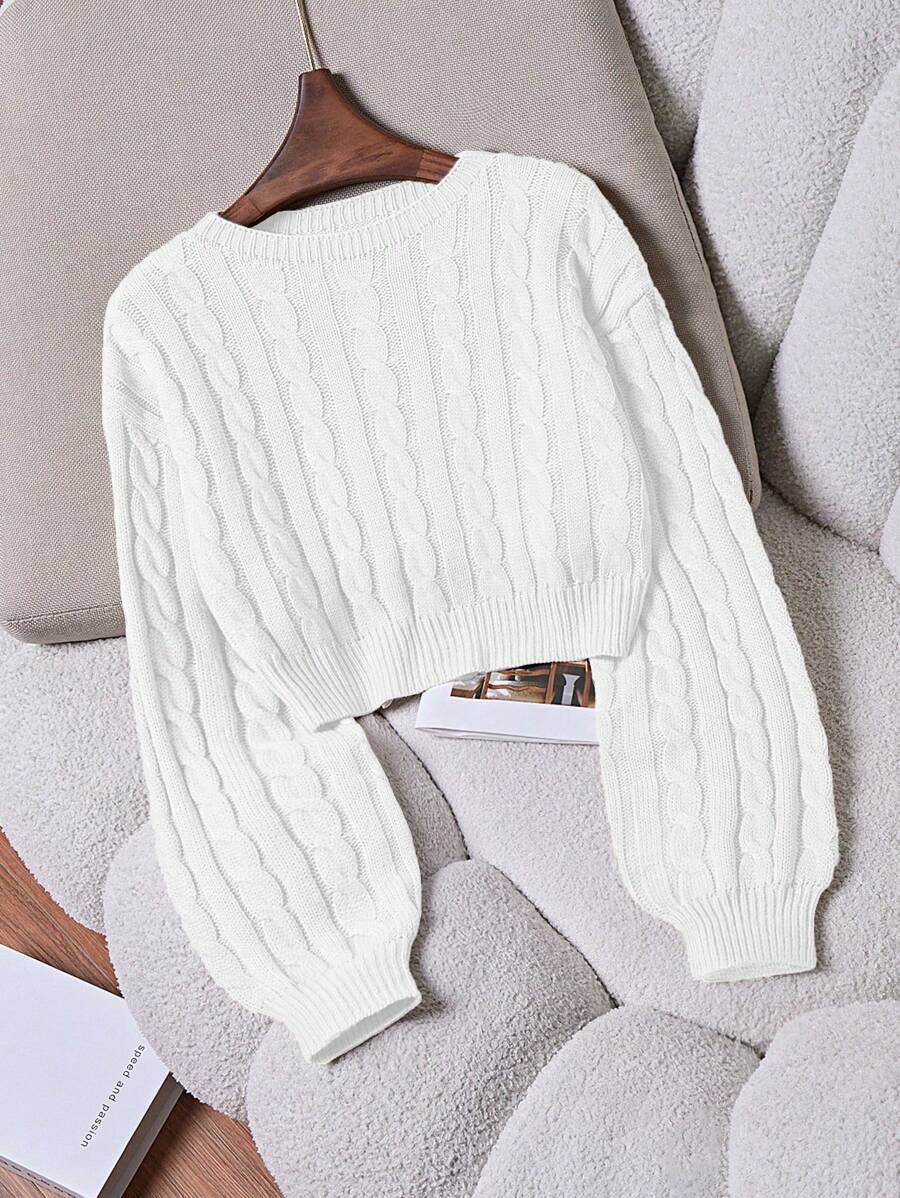 Oriana Cropped Cable Knit Sweater with Crew Neck - White