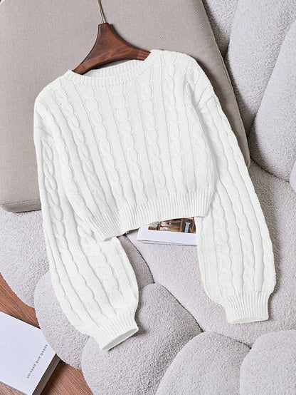 Oriana Cropped Cable Knit Sweater with Crew Neck - White