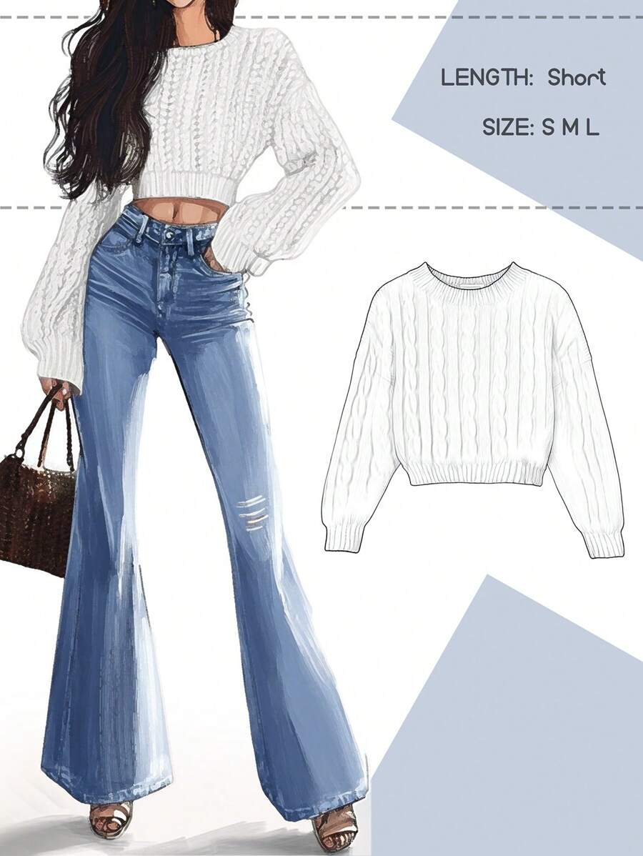 Oriana Cropped Cable Knit Sweater with Crew Neck - size and detail guide