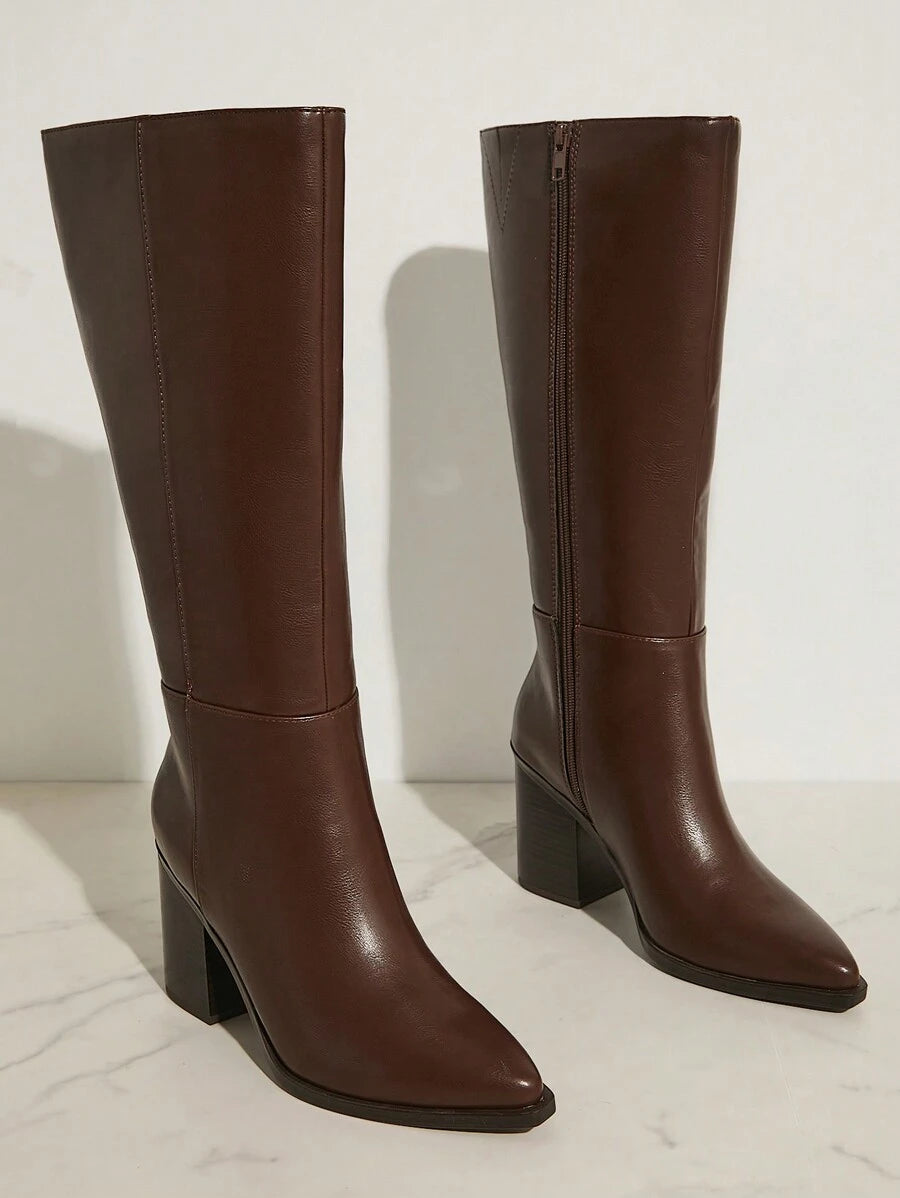 SHUZIA Staple Women's 2.5" Block Heel Snip Toe Premium Oil-Finished PU Black Knee High Boots– Sleek, Comfortable & Timeless, Elevate Your Look Season After Season For Christmas Valentine's Day Mensa