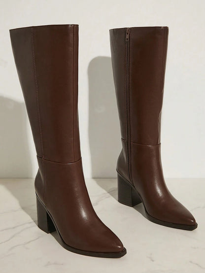 SHUZIA Staple Women's 2.5" Block Heel Snip Toe Premium Oil-Finished PU Black Knee High Boots– Sleek, Comfortable & Timeless, Elevate Your Look Season After Season For Christmas Valentine's Day Mensa
