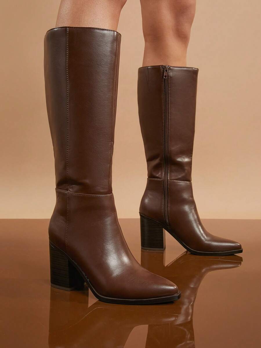 SHUZIA Staple Women's 2.5" Block Heel Snip Toe Premium Oil-Finished PU Black Knee High Boots– Sleek, Comfortable & Timeless, Elevate Your Look Season After Season For Christmas Valentine's Day Mensa