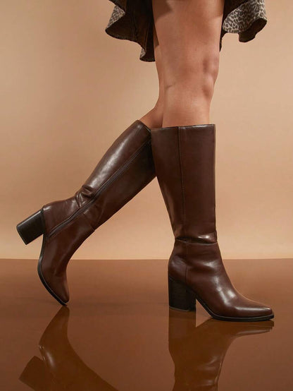 SHUZIA Staple Women's 2.5" Block Heel Snip Toe Premium Oil-Finished PU Black Knee High Boots– Sleek, Comfortable & Timeless, Elevate Your Look Season After Season For Christmas Valentine's Day Mensa