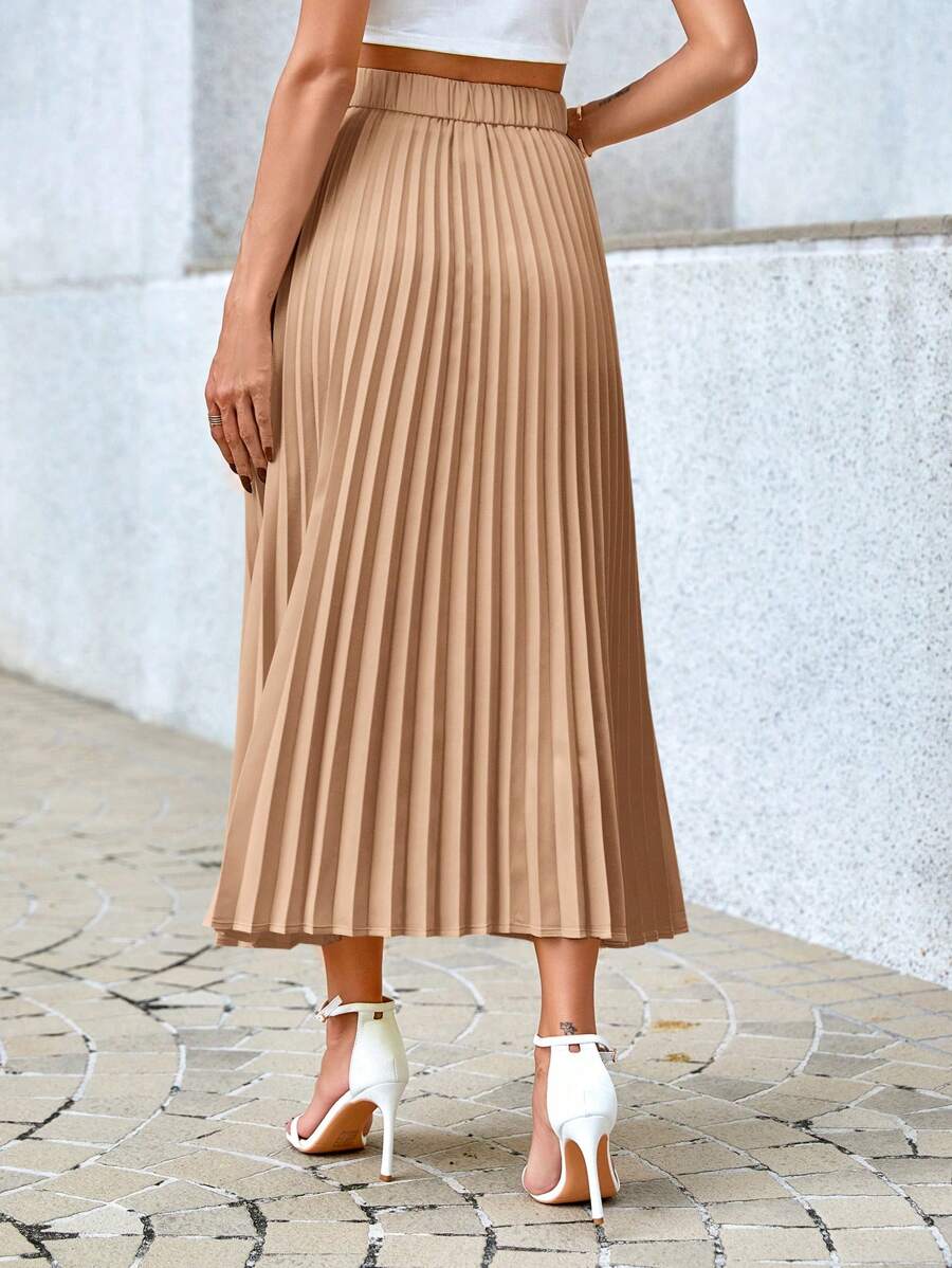 Camila Elegant High-Waist Pleated A-Line Midi Skirt - Camel