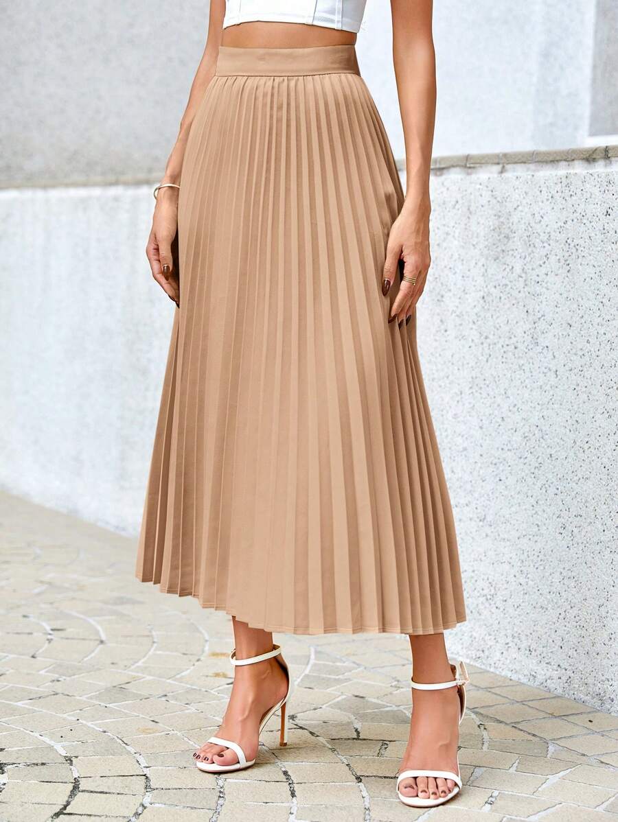 Camila Elegant High-Waist Pleated A-Line Midi Skirt - Camel