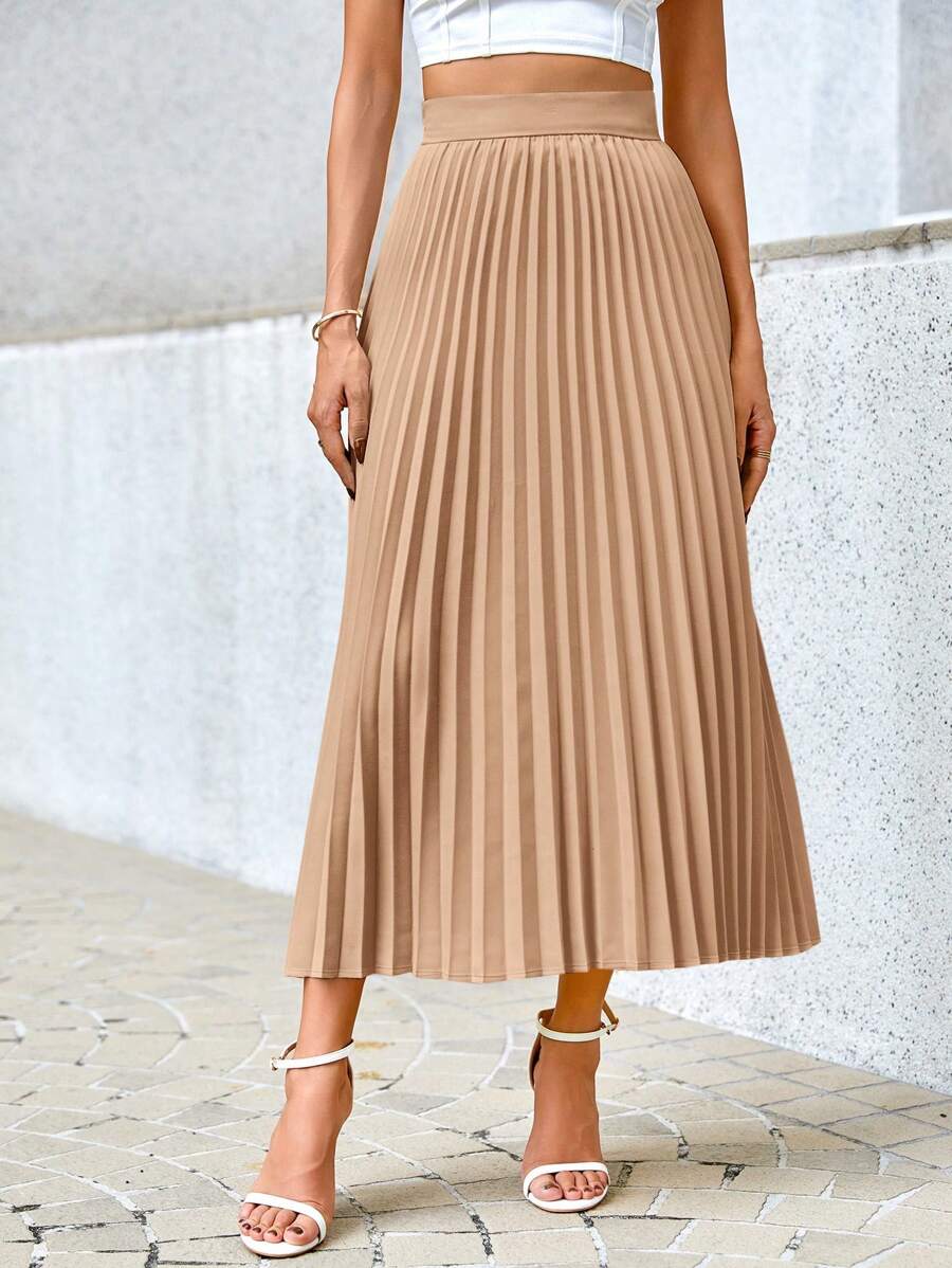 Camila Elegant High-Waist Pleated A-Line Midi Skirt - Camel