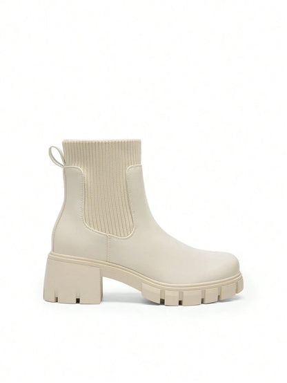 Women's Elastic Chelsea Ankle Booties Fashion Lug Sole Platform Chunky Heel Slip On Fall Heeled Short Boots Shoes Mensa