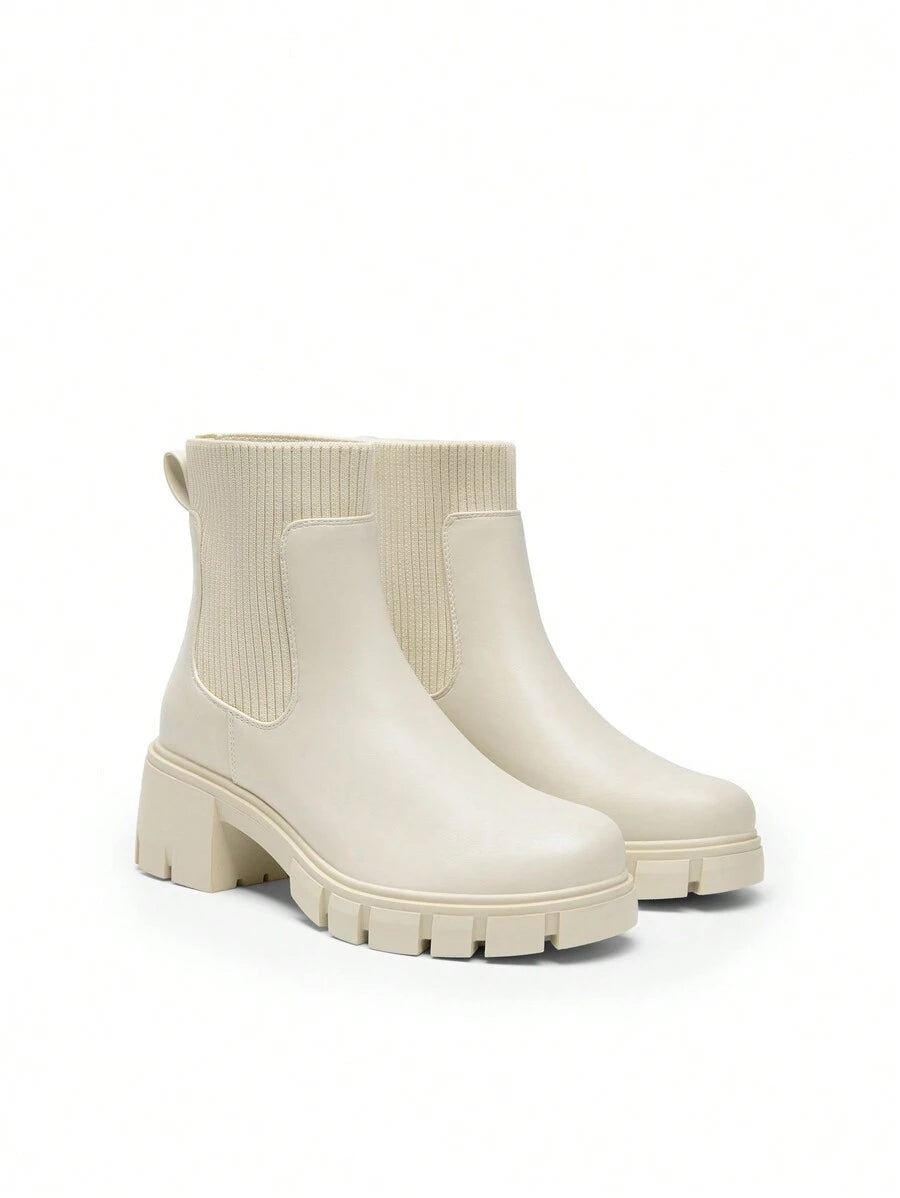 Women's Elastic Chelsea Ankle Booties Fashion Lug Sole Platform Chunky Heel Slip On Fall Heeled Short Boots Shoes Mensa