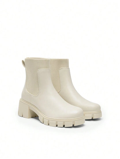 Women's Elastic Chelsea Ankle Booties Fashion Lug Sole Platform Chunky Heel Slip On Fall Heeled Short Boots Shoes Mensa