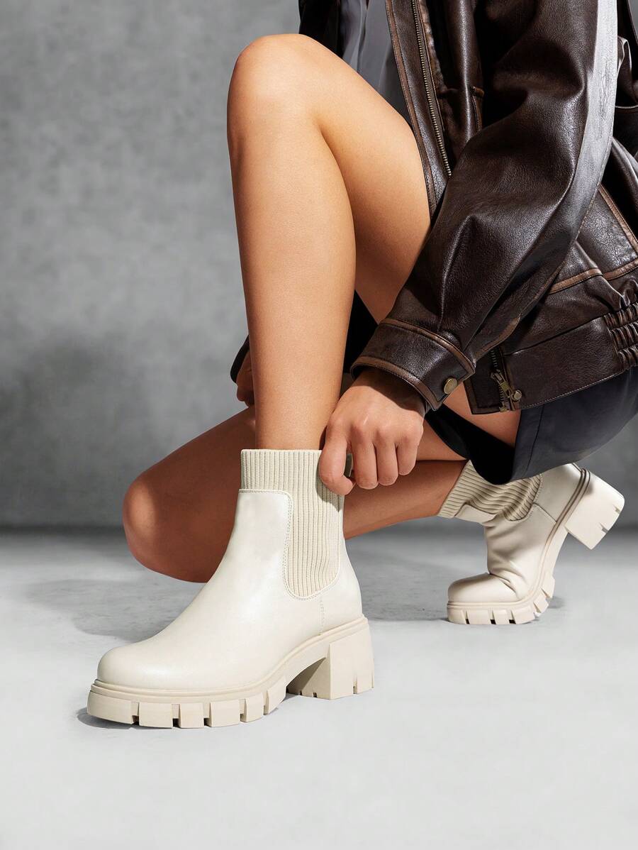 Women's Elastic Chelsea Ankle Booties Fashion Lug Sole Platform Chunky Heel Slip On Fall Heeled Short Boots Shoes Mensa