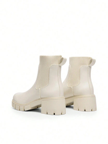 Women's Elastic Chelsea Ankle Booties Fashion Lug Sole Platform Chunky Heel Slip On Fall Heeled Short Boots Shoes Mensa