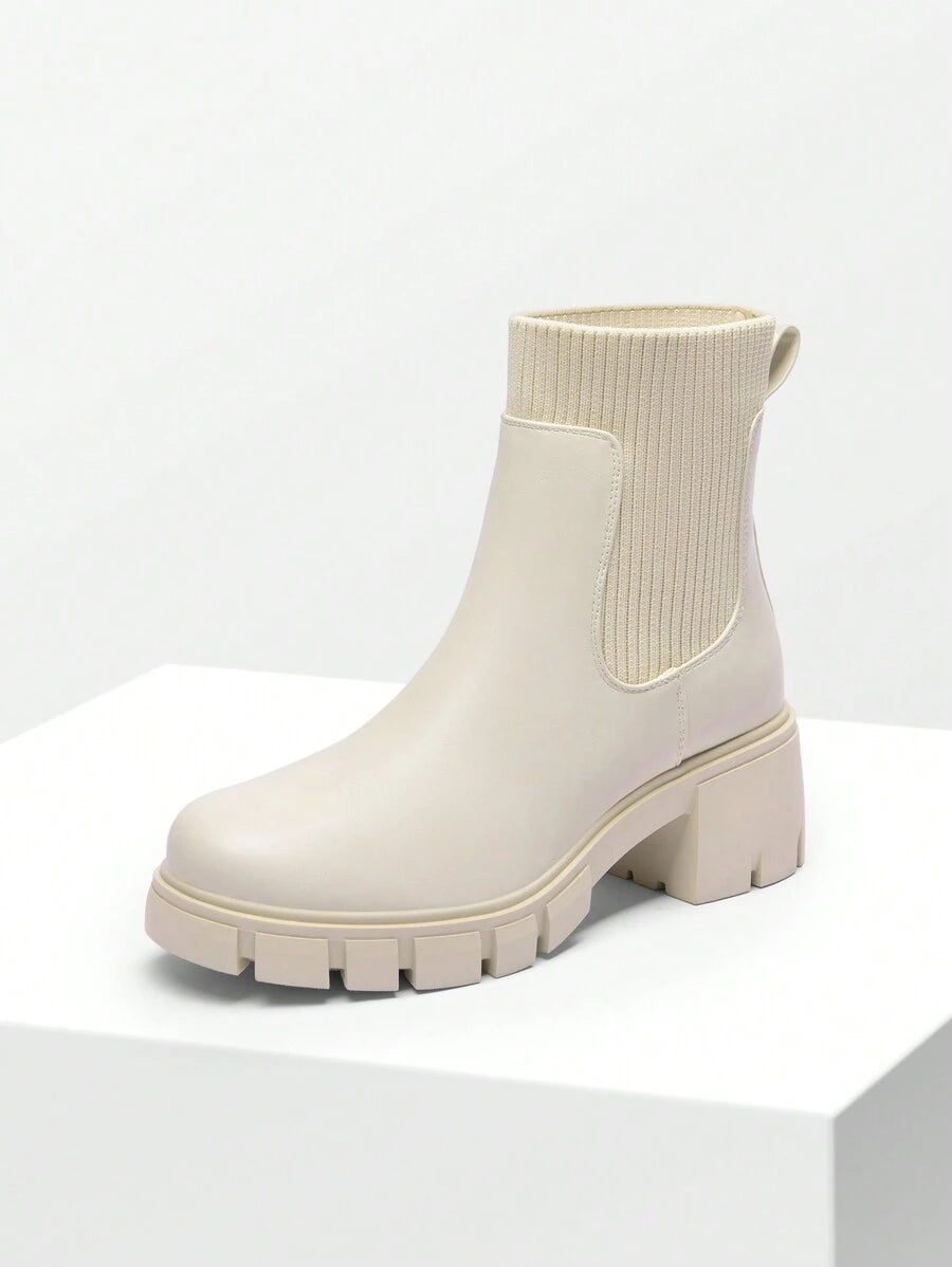 Women's Elastic Chelsea Ankle Booties Fashion Lug Sole Platform Chunky Heel Slip On Fall Heeled Short Boots Shoes Mensa