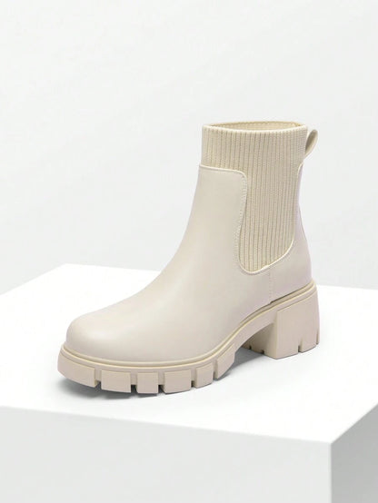 Women's Elastic Chelsea Ankle Booties Fashion Lug Sole Platform Chunky Heel Slip On Fall Heeled Short Boots Shoes Mensa