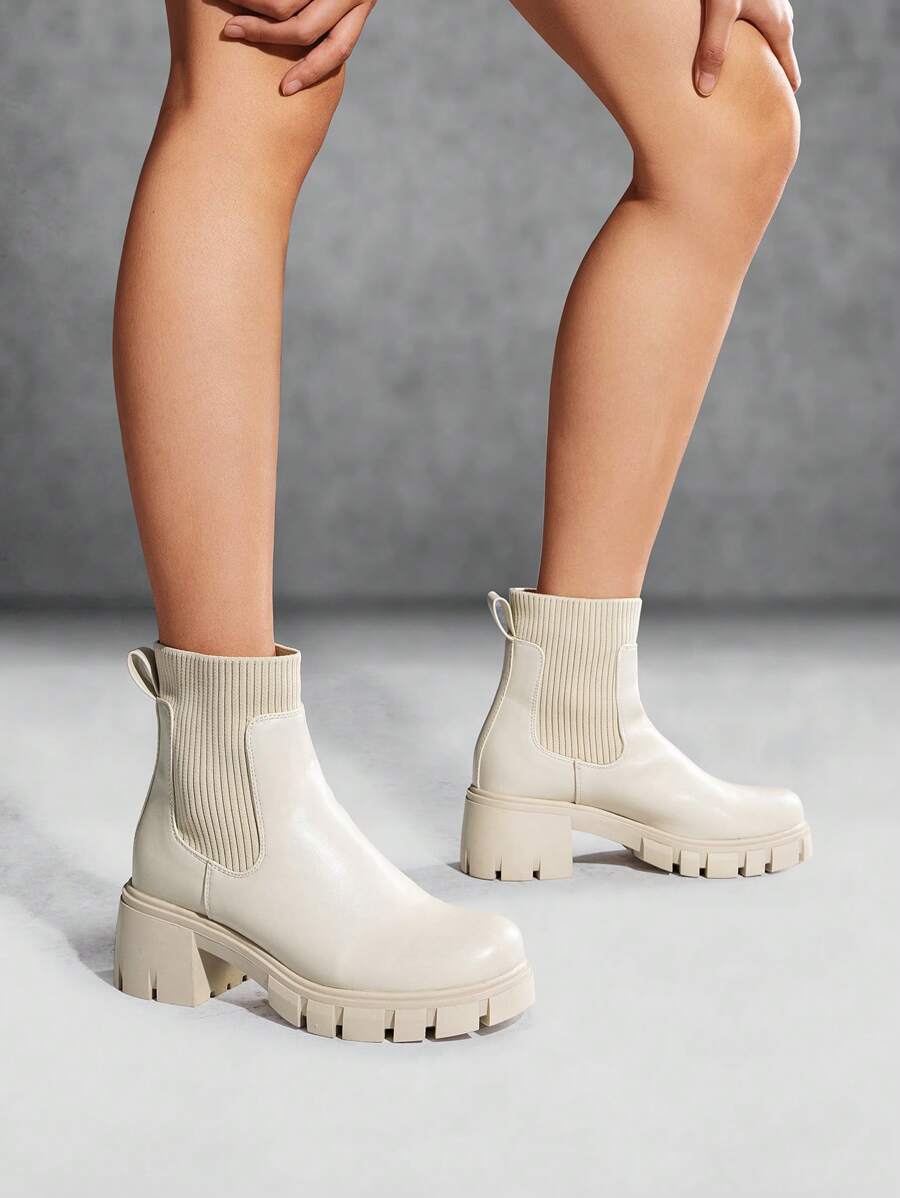Women's Elastic Chelsea Ankle Booties Fashion Lug Sole Platform Chunky Heel Slip On Fall Heeled Short Boots Shoes Mensa