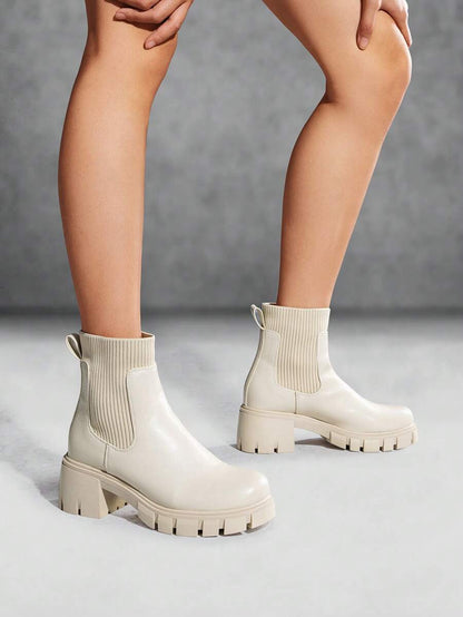 Women's Elastic Chelsea Ankle Booties Fashion Lug Sole Platform Chunky Heel Slip On Fall Heeled Short Boots Shoes Mensa