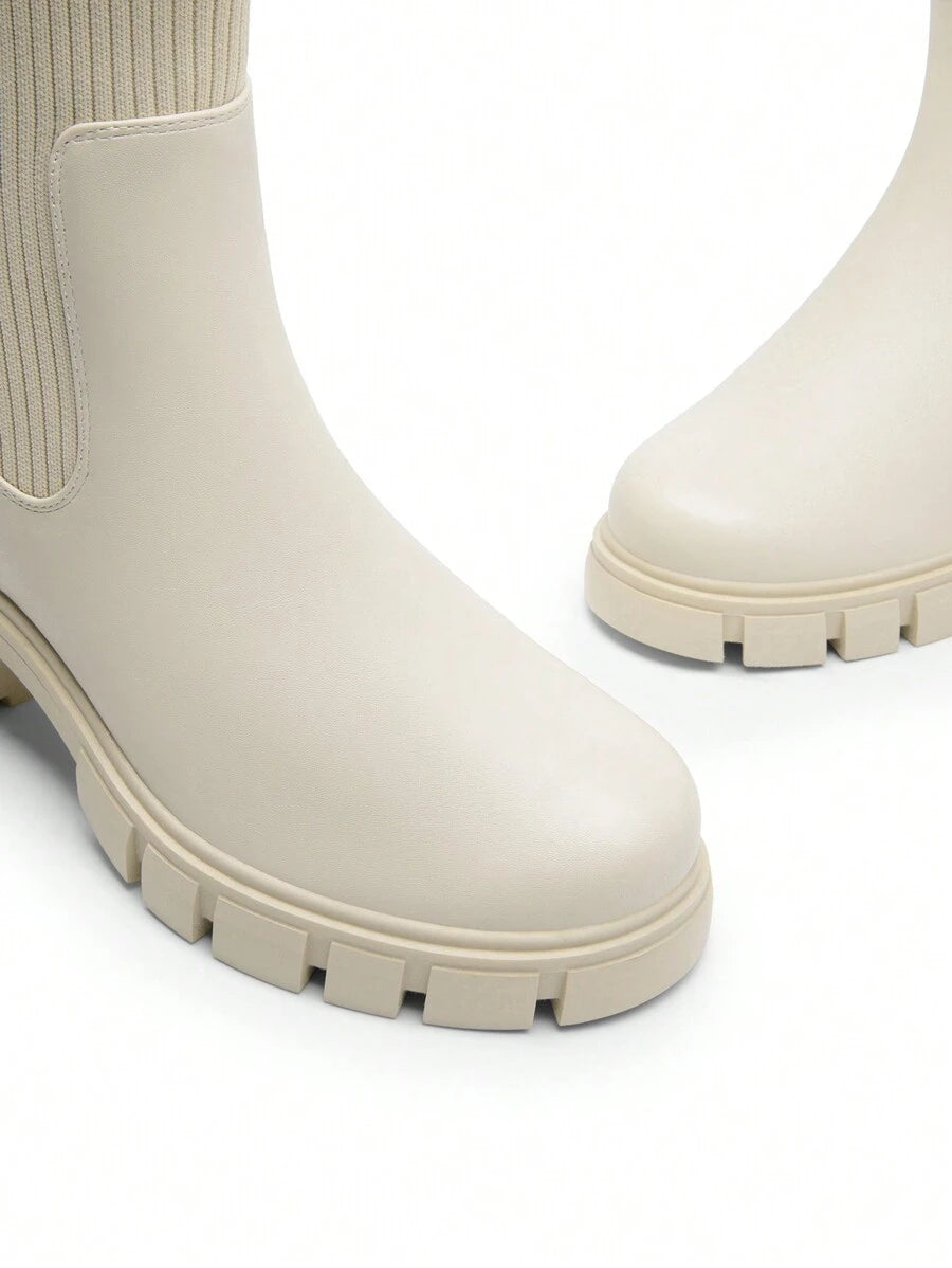 Women's Elastic Chelsea Ankle Booties Fashion Lug Sole Platform Chunky Heel Slip On Fall Heeled Short Boots Shoes Mensa