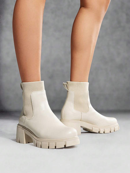 Women's Elastic Chelsea Ankle Booties Fashion Lug Sole Platform Chunky Heel Slip On Fall Heeled Short Boots Shoes Mensa
