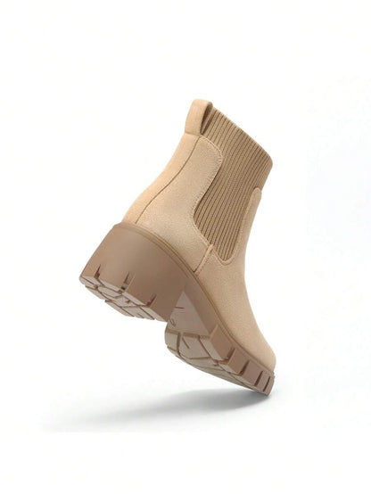 Women's Elastic Chelsea Ankle Booties Fashion Lug Sole Platform Chunky Heel Slip On Fall Heeled Short Boots Shoes Mensa
