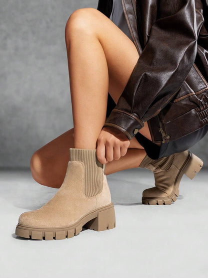 Women's Elastic Chelsea Ankle Booties Fashion Lug Sole Platform Chunky Heel Slip On Fall Heeled Short Boots Shoes Mensa