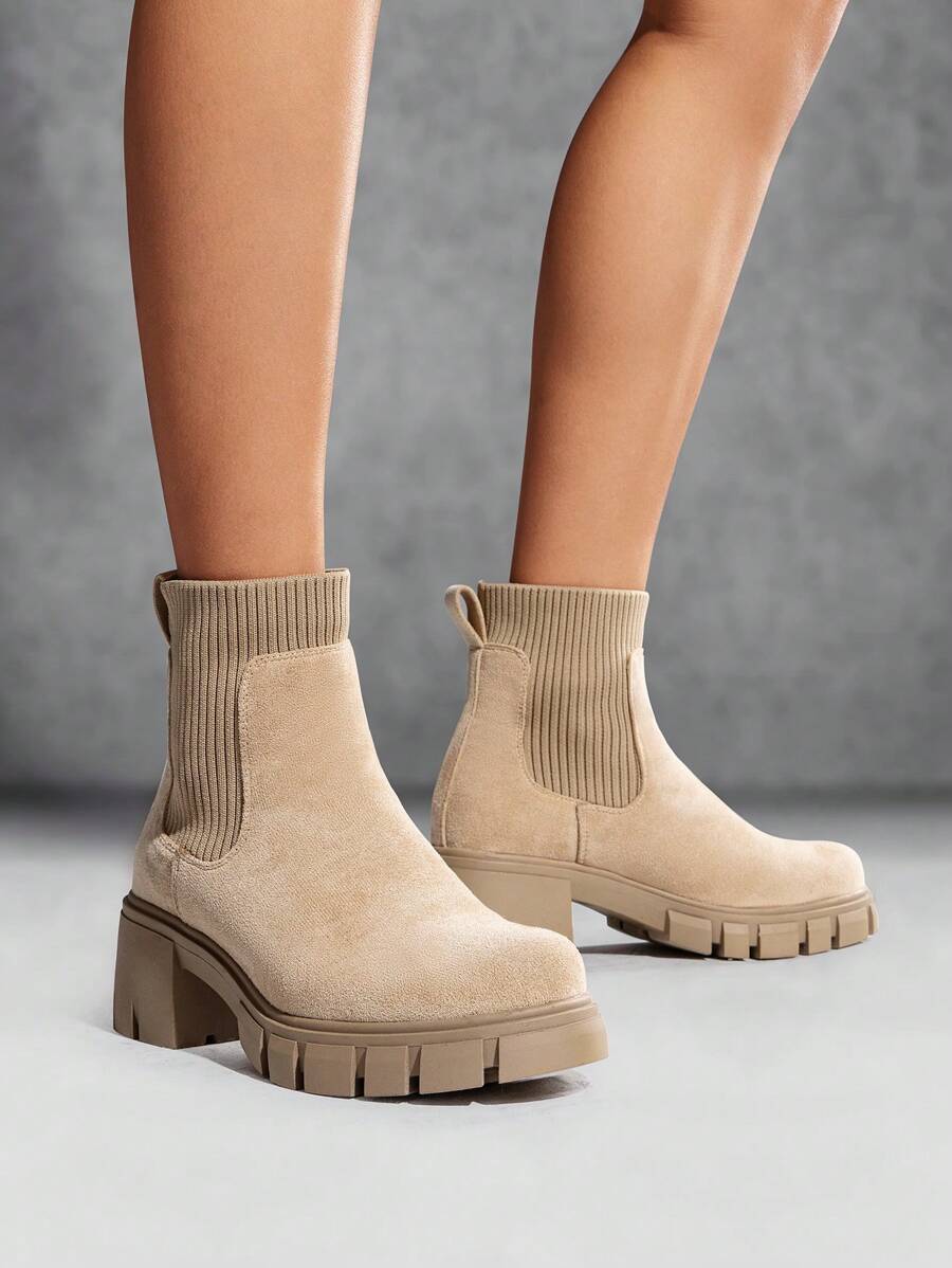 Women's Elastic Chelsea Ankle Booties Fashion Lug Sole Platform Chunky Heel Slip On Fall Heeled Short Boots Shoes Mensa