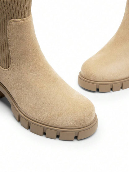 Women's Elastic Chelsea Ankle Booties Fashion Lug Sole Platform Chunky Heel Slip On Fall Heeled Short Boots Shoes Mensa