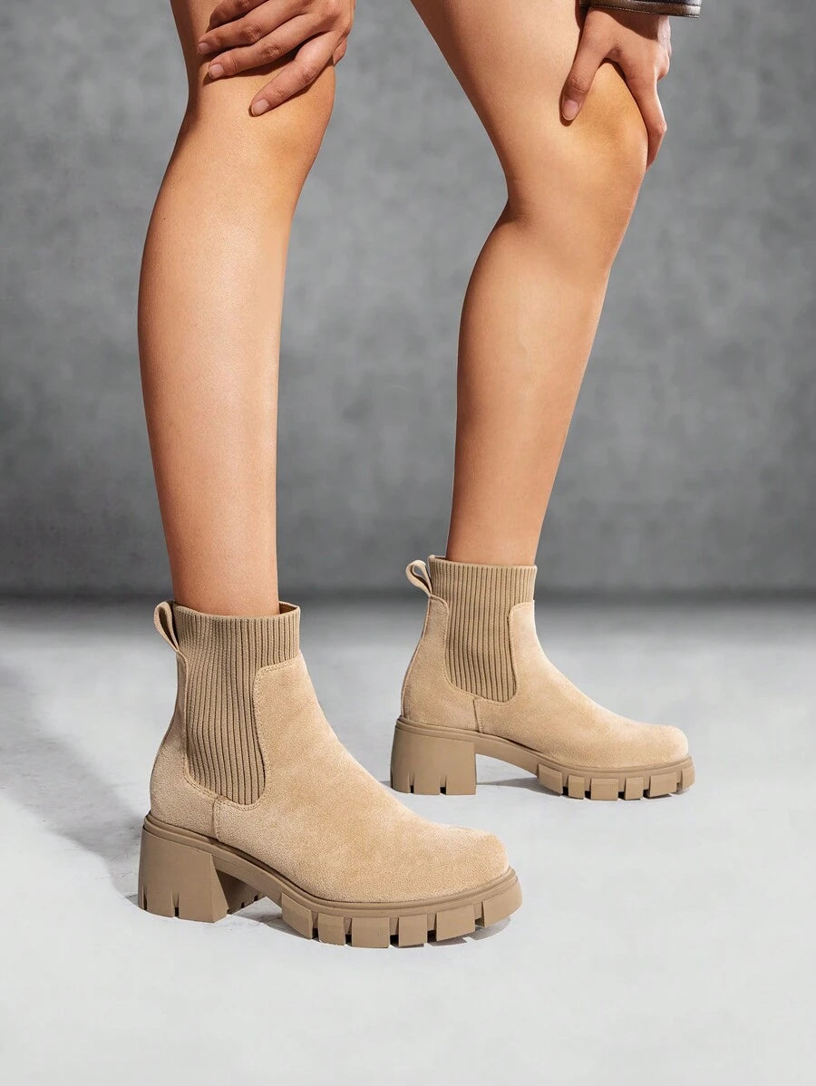 Women's Elastic Chelsea Ankle Booties Fashion Lug Sole Platform Chunky Heel Slip On Fall Heeled Short Boots Shoes Mensa