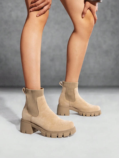 Women's Elastic Chelsea Ankle Booties Fashion Lug Sole Platform Chunky Heel Slip On Fall Heeled Short Boots Shoes Mensa