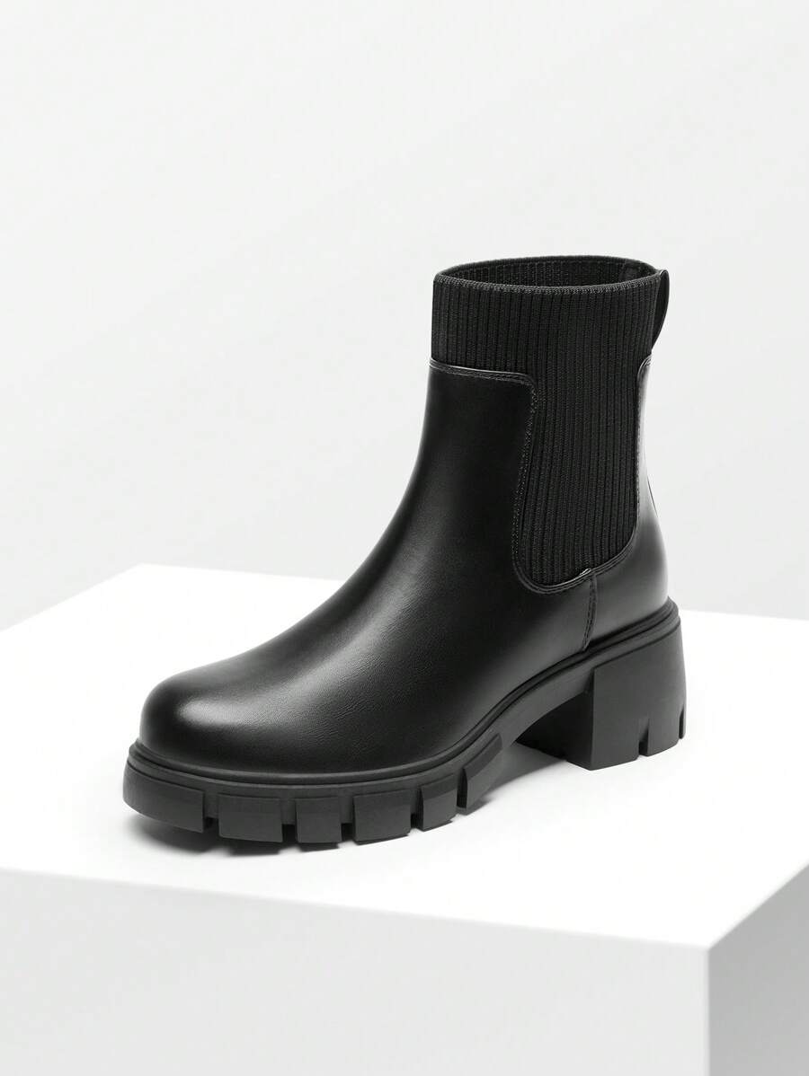 Women's Elastic Chelsea Ankle Booties Fashion Lug Sole Platform Chunky Heel Slip On Fall Heeled Short Boots Shoes Mensa