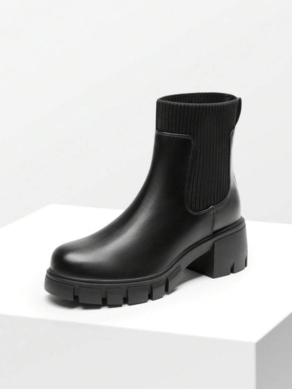 Women's Elastic Chelsea Ankle Booties Fashion Lug Sole Platform Chunky Heel Slip On Fall Heeled Short Boots Shoes Mensa