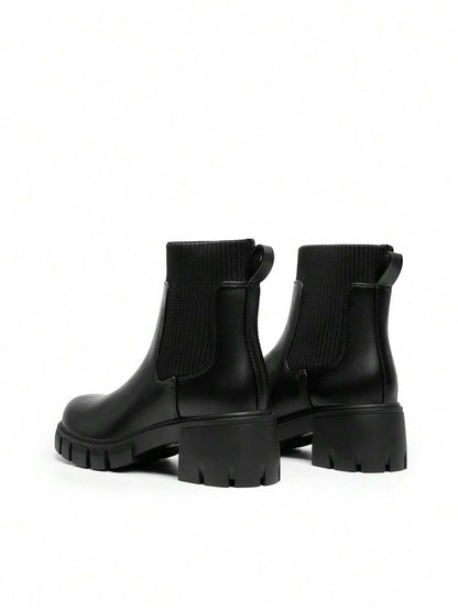 Women's Elastic Chelsea Ankle Booties Fashion Lug Sole Platform Chunky Heel Slip On Fall Heeled Short Boots Shoes Mensa