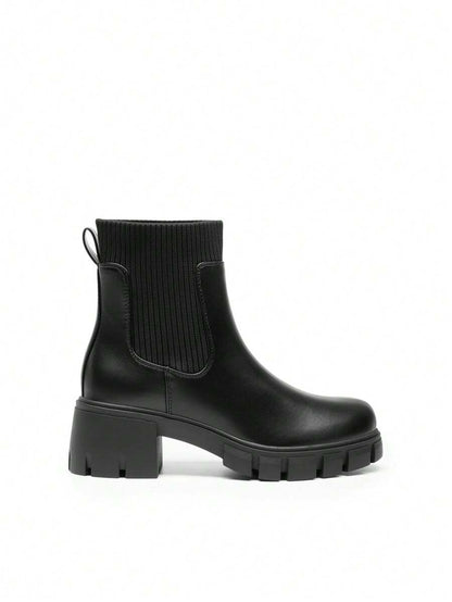Women's Elastic Chelsea Ankle Booties Fashion Lug Sole Platform Chunky Heel Slip On Fall Heeled Short Boots Shoes Mensa