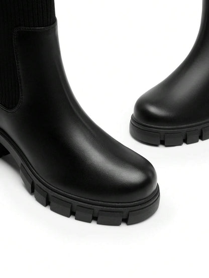 Women's Elastic Chelsea Ankle Booties Fashion Lug Sole Platform Chunky Heel Slip On Fall Heeled Short Boots Shoes Mensa