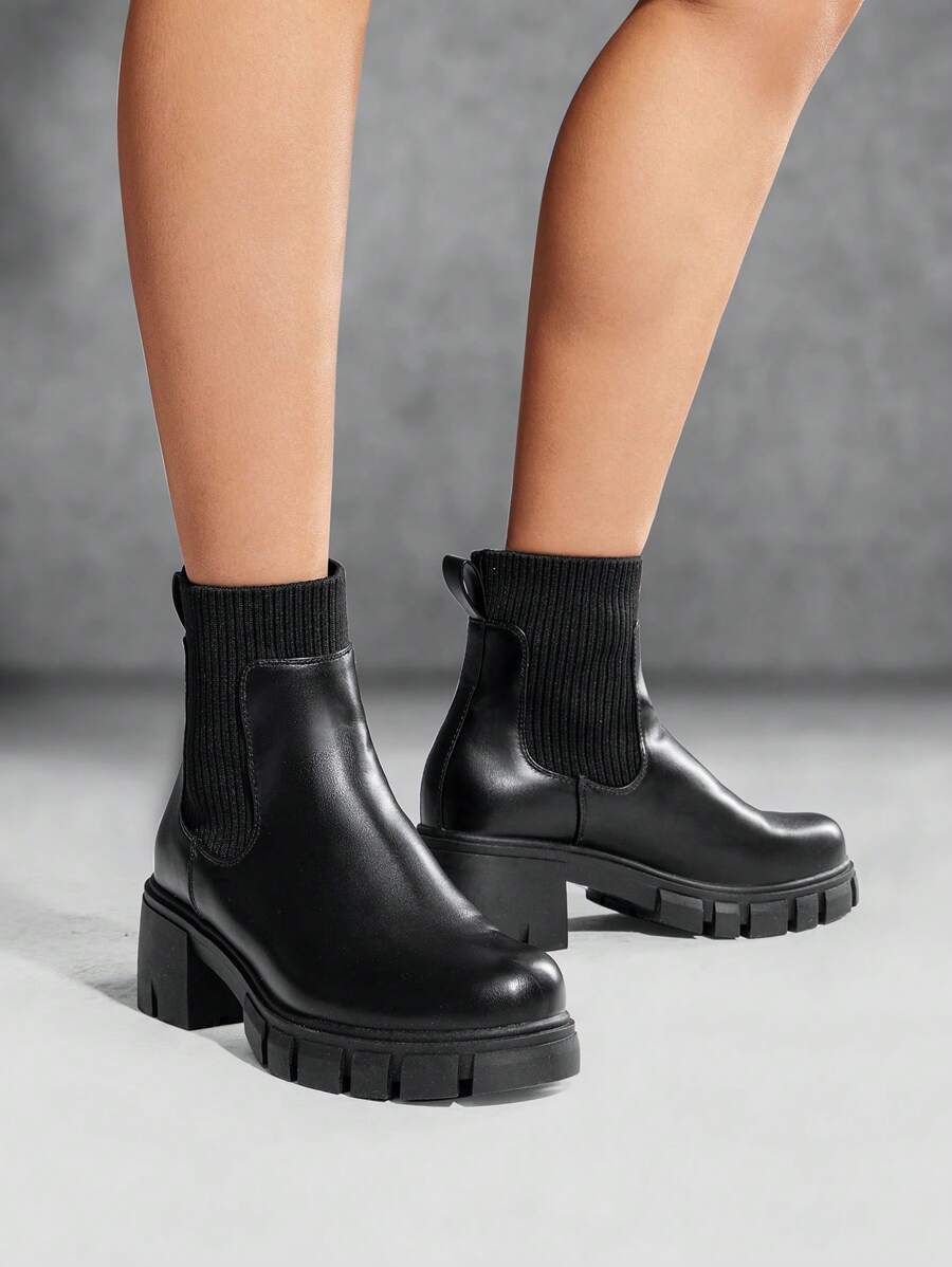 Women's Elastic Chelsea Ankle Booties Fashion Lug Sole Platform Chunky Heel Slip On Fall Heeled Short Boots Shoes Mensa