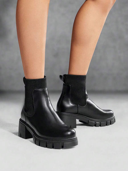 Women's Elastic Chelsea Ankle Booties Fashion Lug Sole Platform Chunky Heel Slip On Fall Heeled Short Boots Shoes Mensa