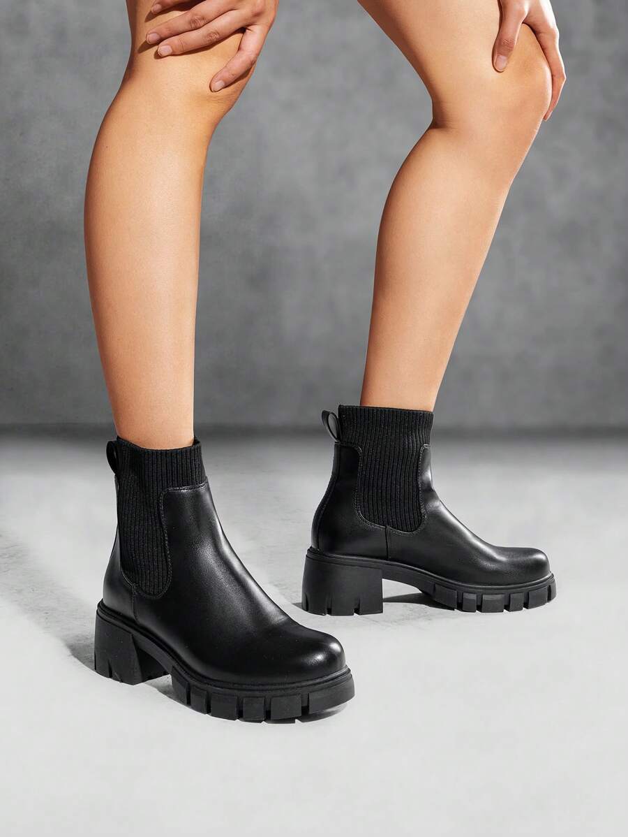 Women's Elastic Chelsea Ankle Booties Fashion Lug Sole Platform Chunky Heel Slip On Fall Heeled Short Boots Shoes Mensa