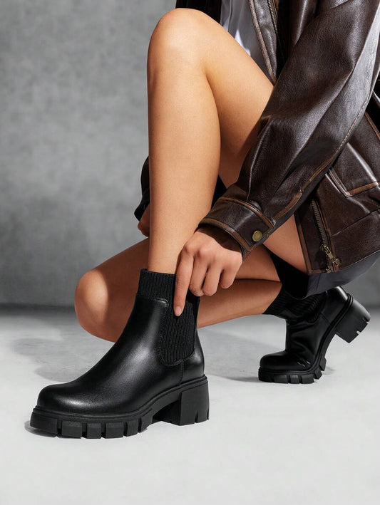 Women's Elastic Chelsea Ankle Booties Fashion Lug Sole Platform Chunky Heel Slip On Fall Heeled Short Boots Shoes Mensa