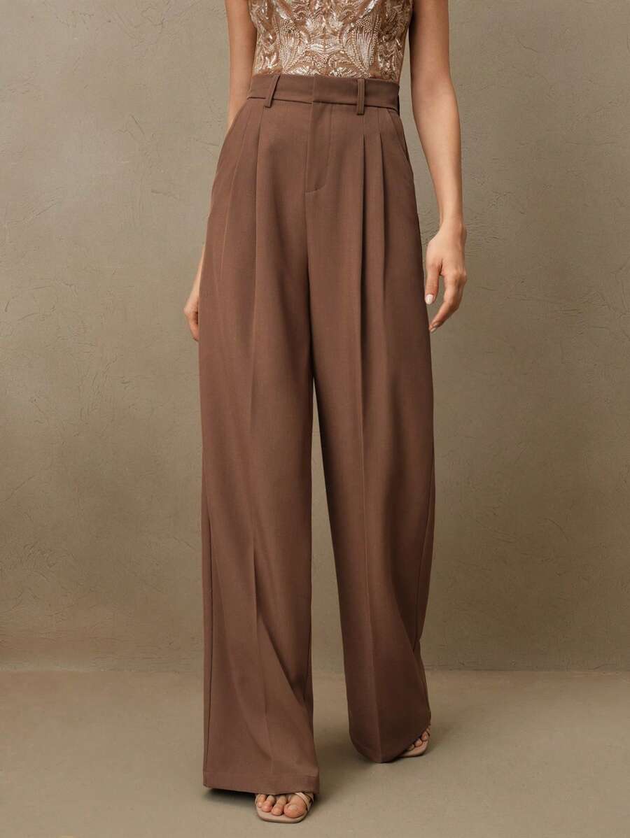 Women's Pleated Wide Leg Dress Trousers, Stretch Tailored Pants for Work Office - Khaki