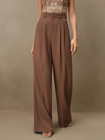 Women's Pleated Wide Leg Dress Trousers, Stretch Tailored Pants for Work Office - Khaki