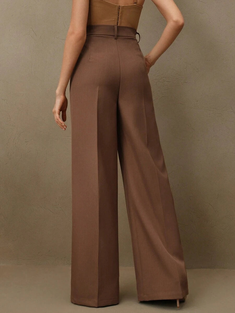 Women's Pleated Wide Leg Dress Trousers, Stretch Tailored Pants for Work Office - Apricot