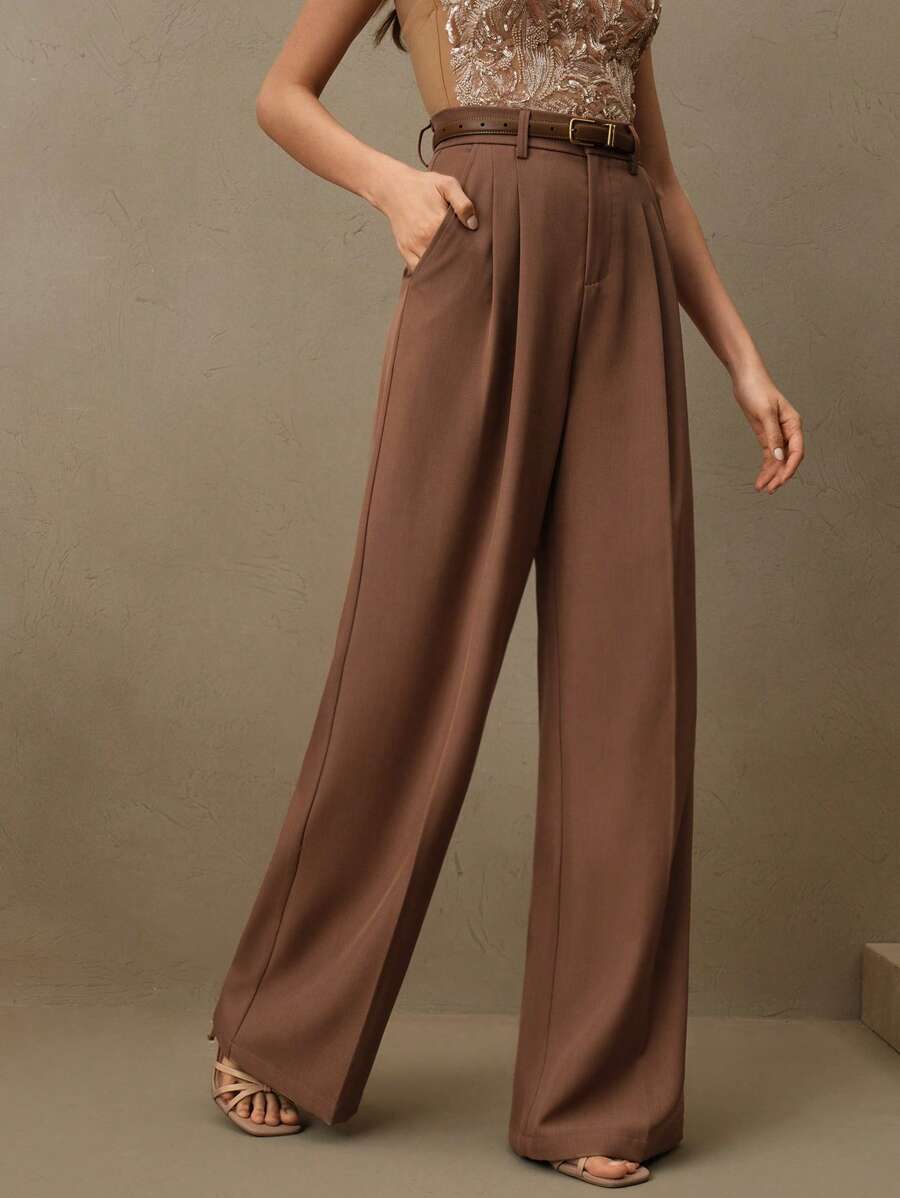 Women's Pleated Wide Leg Dress Trousers, Stretch Tailored Pants for Work Office - Orange