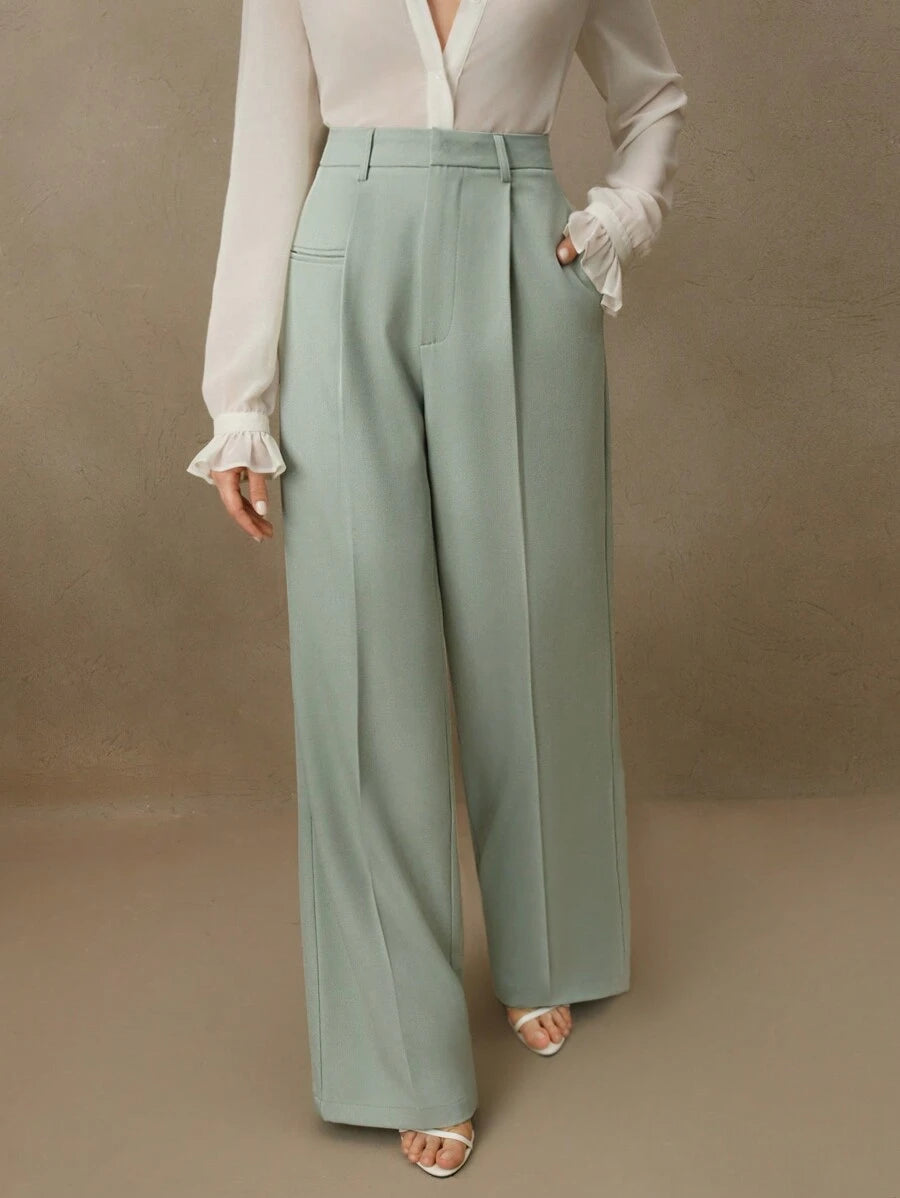 Women's Belted Straight Leg Suit Trousers, Stretch Dress Pants for Work Office - Khaki