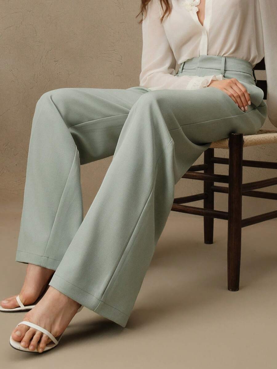 Women's Belted Straight Leg Suit Trousers, Stretch Dress Pants for Work Office - Royal Blue