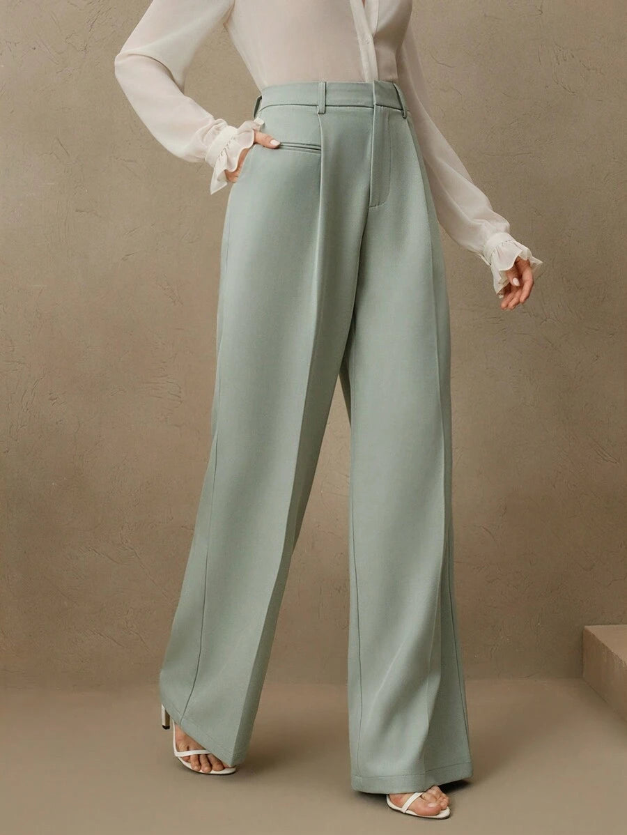 Women's Belted Straight Leg Suit Trousers, Stretch Dress Pants for Work Office - Black