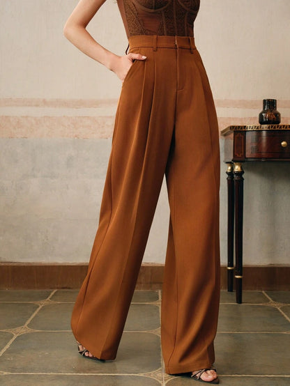 Women's Pleated Wide Leg Dress Trousers, Stretch Tailored Pants for Work Office - Orange